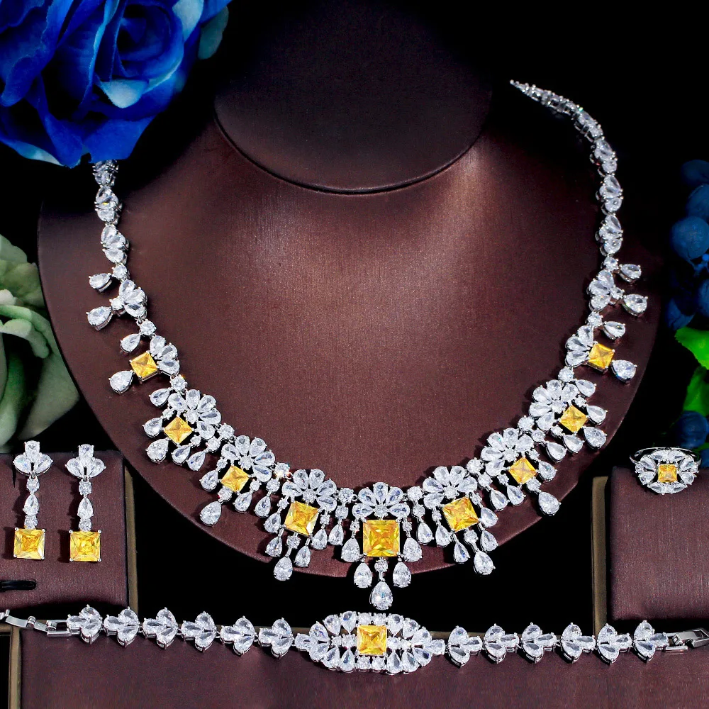 

ThreeGraces Yellow White Cubic Zirconia Silver Color 4pcs Luxurious Dubai Bridal Wedding Statement Jewelry Set for Brides TZ757