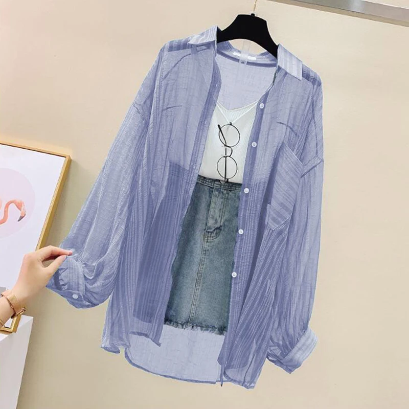 Chiffon Sun-Proof Shirt Women See-Through Casual Loose High Street Long-Sleeved Blouse Single-Breasted Turn Down Collar Cardigan