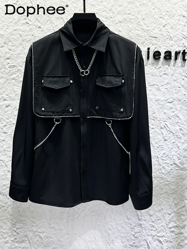 

2025 New Personality Functional Workwear Metal Chain Design Shirt Men's High Street Trend Versatile Loose Long Sleeve Shirt