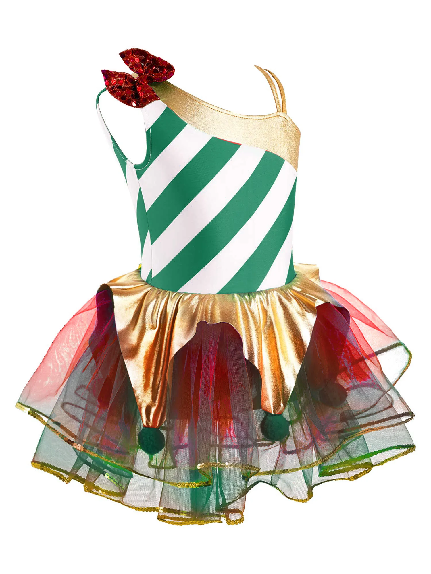 #4-16 Kids Girls Elf Christmas Dress Stripes Sequin Festival Santa Costume Ballet Leotard Tutu Dress Carnival Party Bodysuit