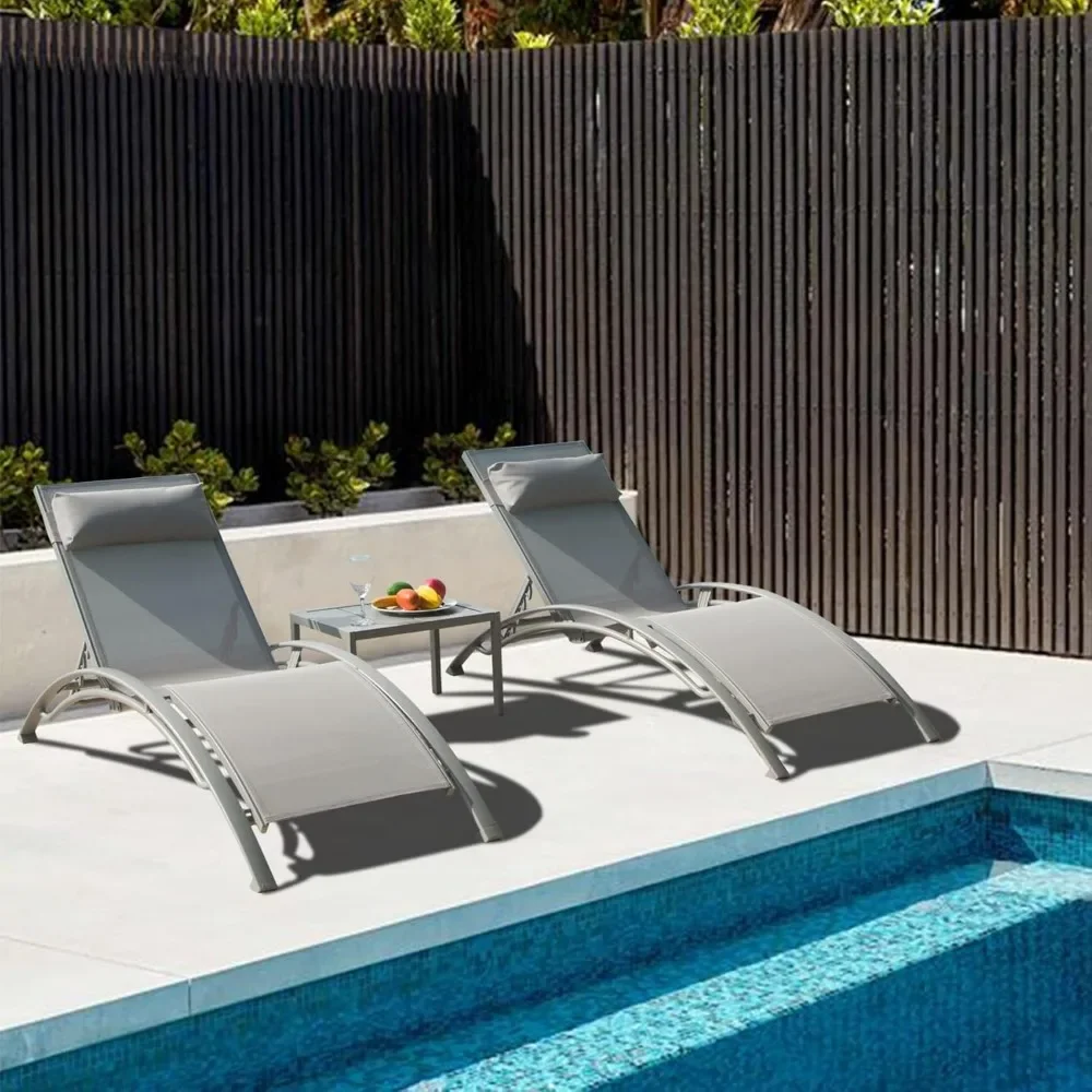 Pool Lounge Chairs Set of 3,Aluminum Adjustable Outdoor Chaise Lounge with Side Table,All Weather Poolside Chairs for Deck