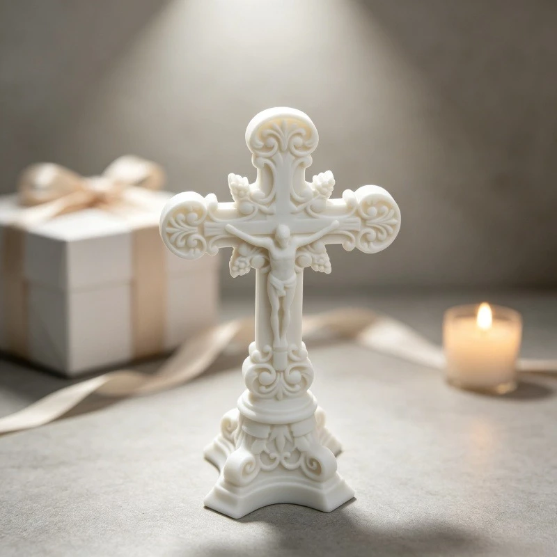 Crucifix Cross Resin 3D Printed Jesus Statue Vintage Altar Standing Figurine Religious Church Home Table Top Decor Gift