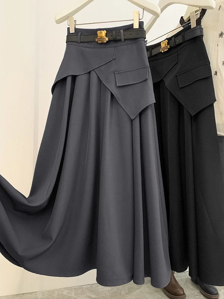 Frence Women Skirts Patchwork Irregular Design Dark Gray A-line Elegant High Waist Long Skirt Summer Fashion Young Office Lady