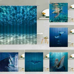 Blue ocean underwater beach scenery shower curtain dolphin turtle whale animal bathroom decoration hook curtain