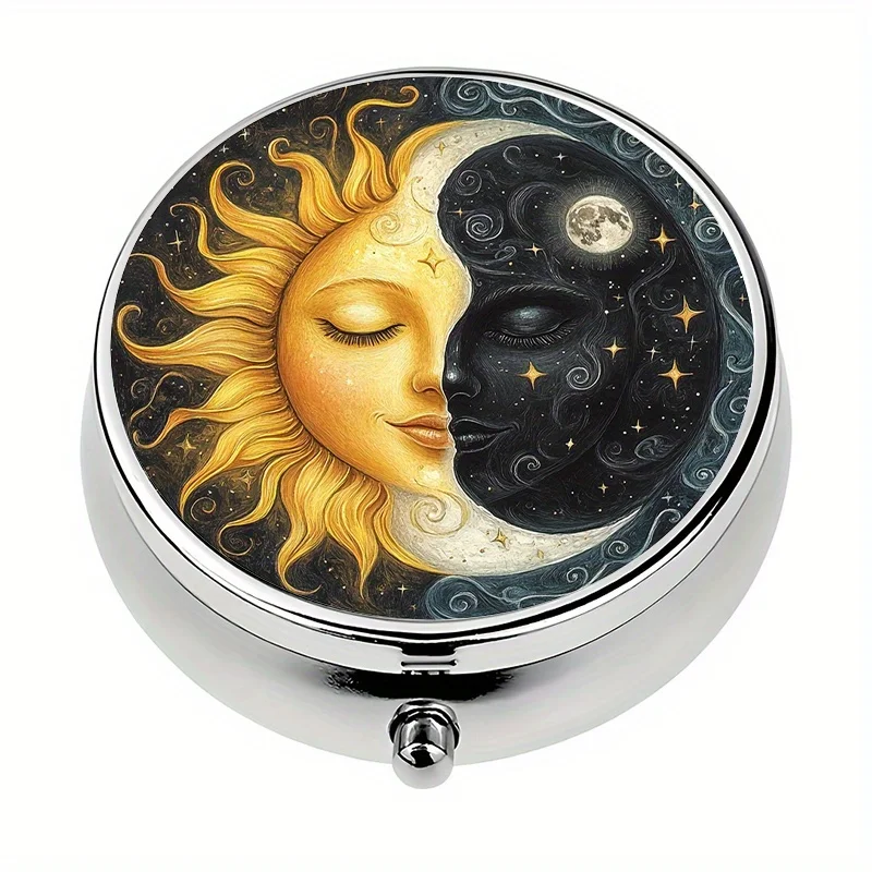 1-piece pill box with 3 compartments, sun and moon starry sky themed mini pill box, medication storage box, travel-friendly unique gift