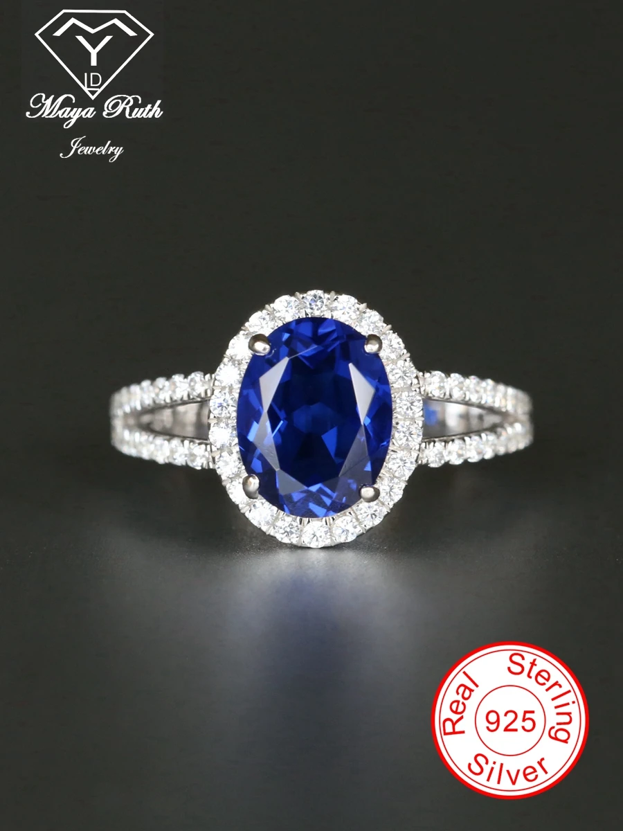 Created Sapphire Gemstone Cocktail Halo Ring For Women Blue Echt 925 Sterling Silver Party Anniversary Gift Female Oval Shape