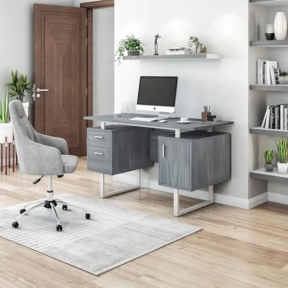 Modern Gray Office Desk with Storage MDF and Metal Construction 2 Drawers 1 Cabinet Easy Assembly Silver Handles 51.25