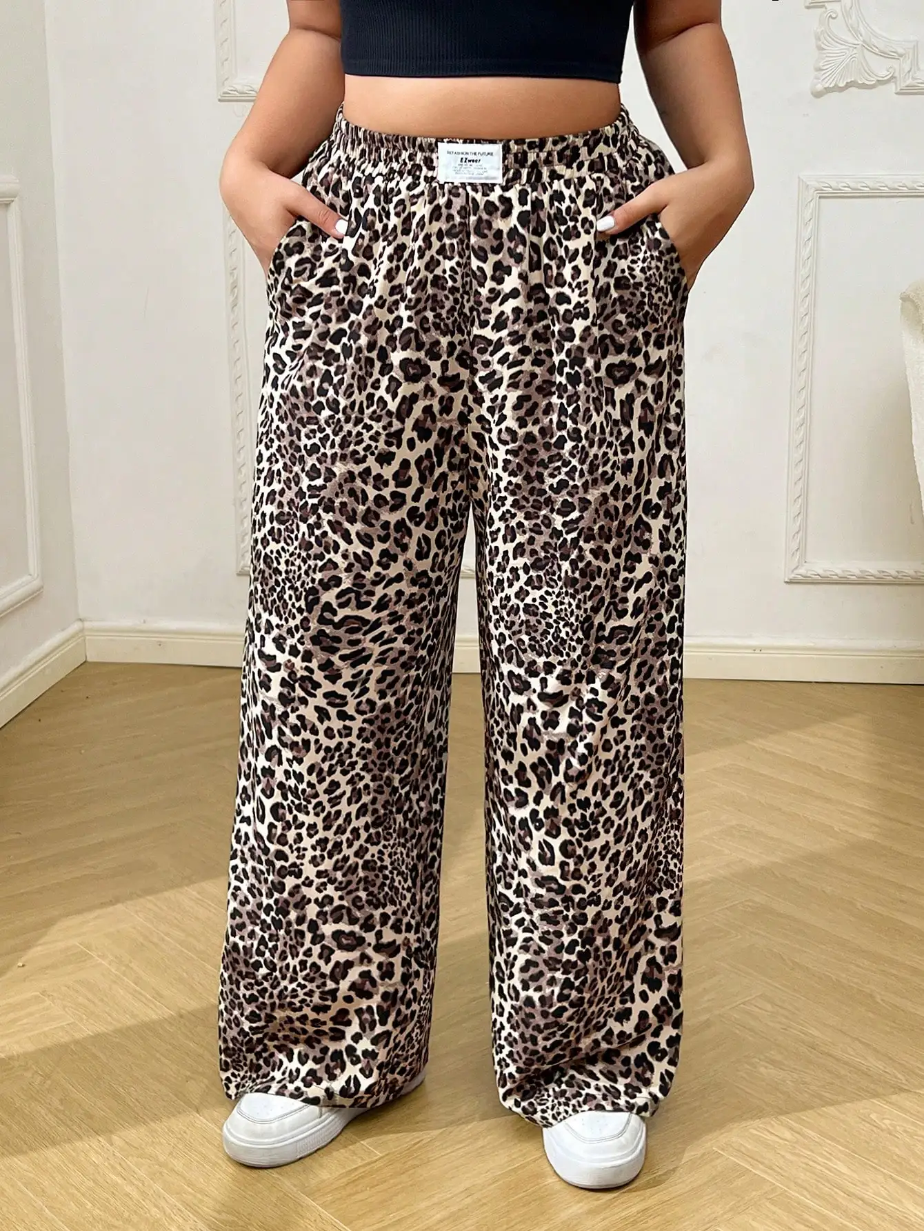 

Plus Size Women's Leopard Print Wide Leg Pants with Elastic Waist