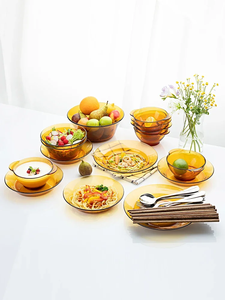 Tableware Set French Tempered Glass Light Luxury Brown Household Bowls and Dishes Bowl Plate High Temperature Resistance