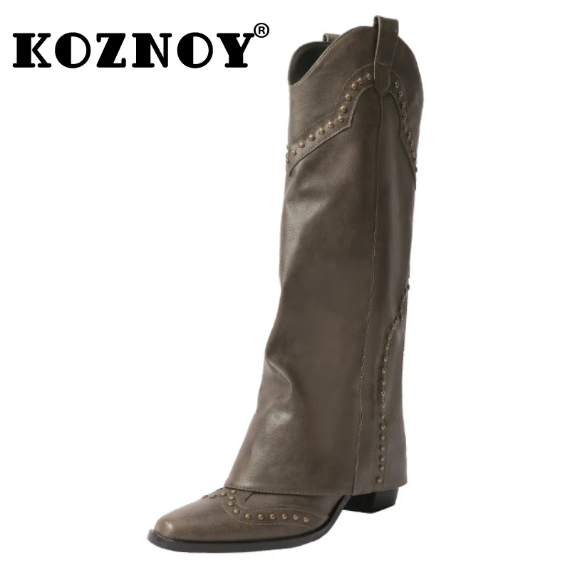 Koznoy 6.5cm szycie z mikrofibry nowa kostka do połowy łydki damska modne buty wsuwane damska syntetyczna jesienna kowbojki wiosenna buty w stylu