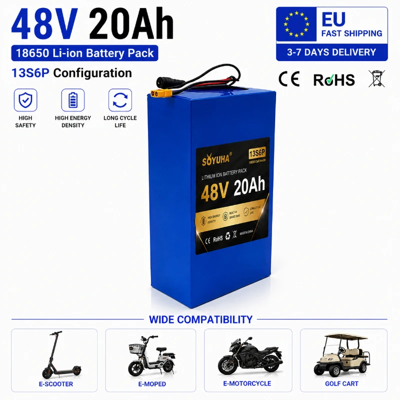 48V 20Ah Lithium-Ionen-Akkupack 13S6P 18650 Zellen E-Bike-Akku Hochkapazitäts-Wiederaufladbarer Li-Ionen-Akku Smart BMS XT60 JST-Anschluss Elektrofahrrad-Roller EU-Lager Schneller Versand