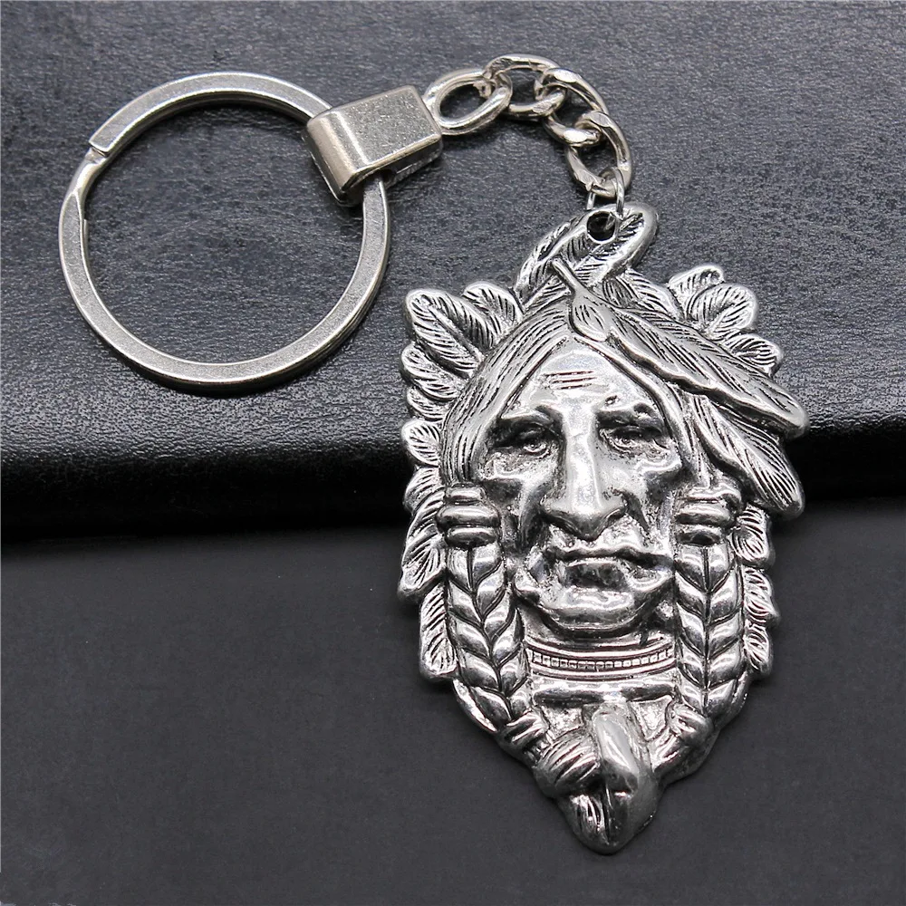 Women Men Keychain DIY Metal Holder Chain Antique Silver Color 59x36mm Indian Chief Pendant Keyring Gift