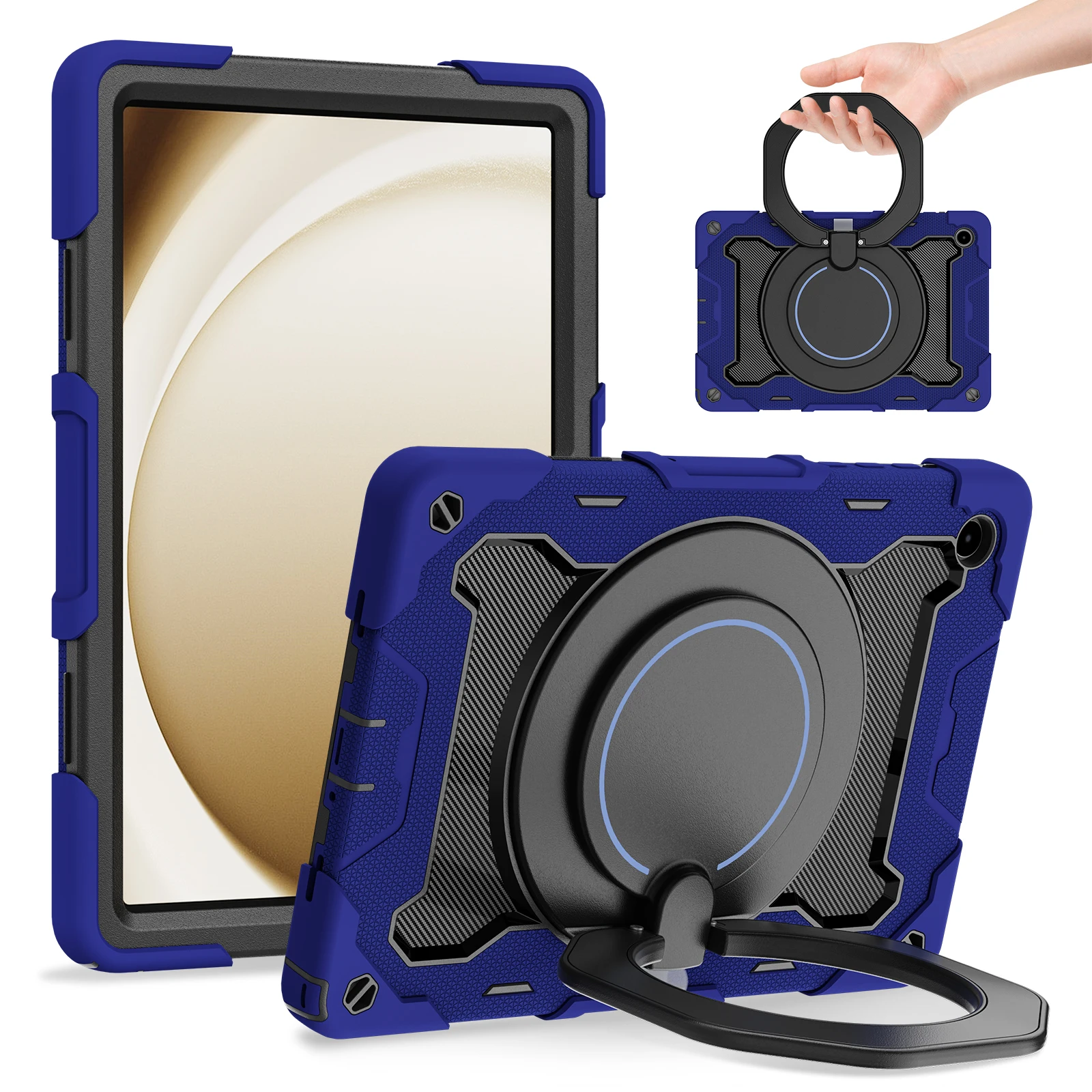 For Samsung Galaxy Tab A11+ Case with Kickstand PC + Silicone Shockproof Rugged Tablet Cover - Navy Blue