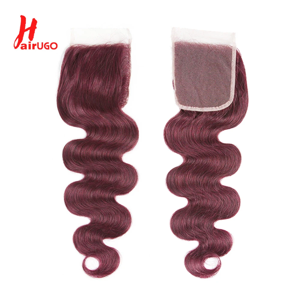 HairUGo Brazilian 99J 4x4 Straight Hair Closure 4*4 Lace Closure 10\'\'-20\'\' 100% Human Hair Lace Closure With Baby Hair Remy Hair