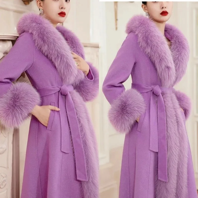 New Cashmere Wool Coat Women\'s Winter Cardigan Fox Fur Collar Long Woolen Jacket Female Fashion Windproof Imitation Fur Outwear