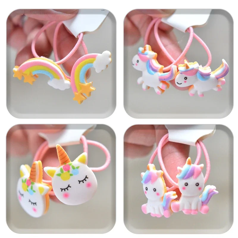 2pcs Women Cartoon Unicorn Elastic Hair Bands for Girls School Candy Color Hair Ring Rope Headwear Accessories Hot