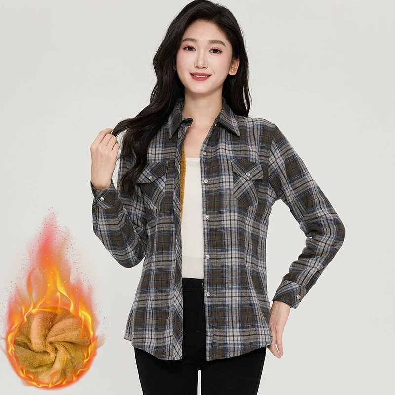 Vintage marrom feminino camisas xadrez moda coreana fino temperamento senhora do escritório camisa jaqueta outono inverno grosso velo outwear topo