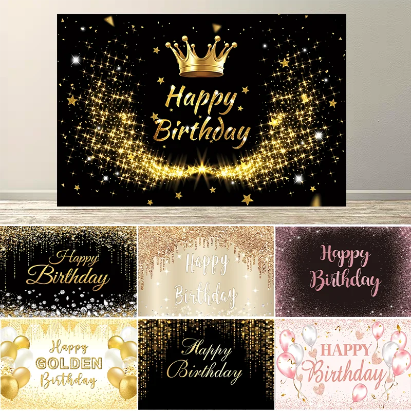 

Adult Happy Birthday Backdrop Pink Black Gold Glitter Balloon Boys Girls Birthday Party Customized Decor Photography Background