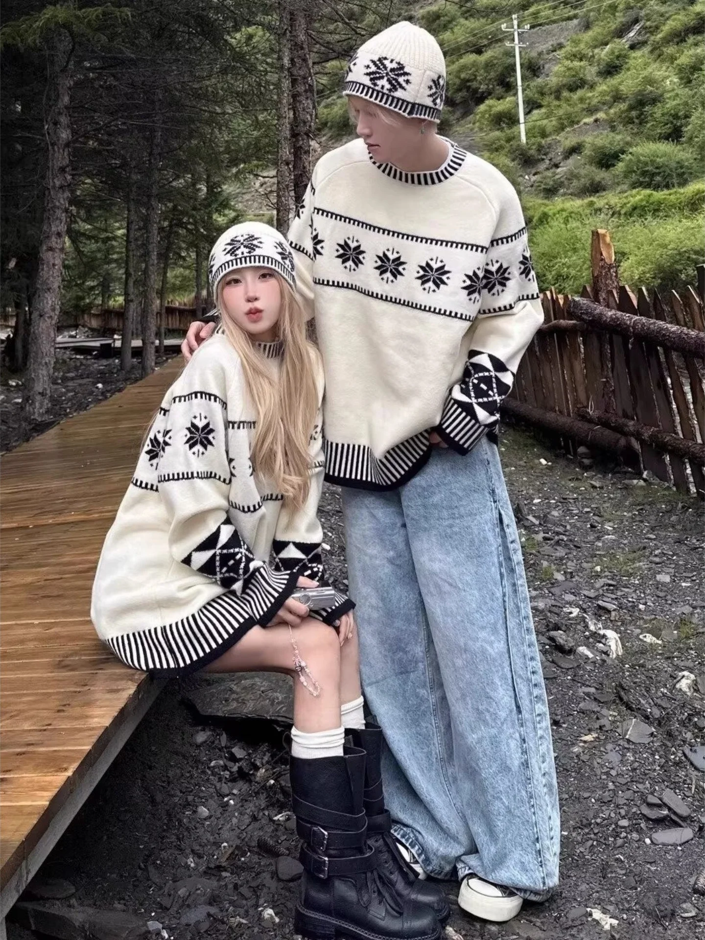 

Cisas Floral Knit Sweater Long Sve round Ne Pullover Loose Fit ex Autumn Winter Faion Brand Couple's Clothing