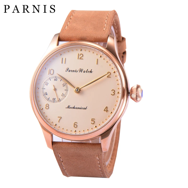 

Fashion Parnis 44mm Rose Gold Hand Winding Mechanical Men's Watches Leather Strap Luminous Hand Wind Watch For Men Reloj Hombre