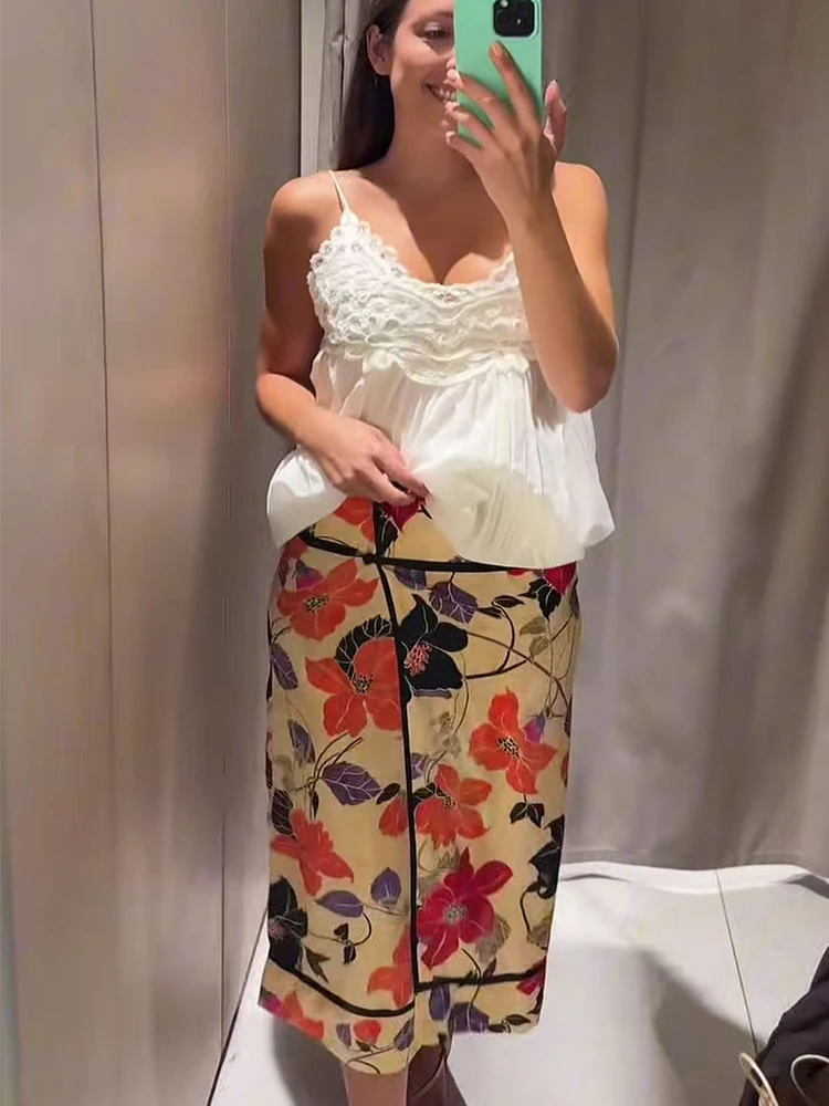 TFMLN Women Vintage Floral Print Midi Skirt Front Split Hem Straight High-Waisted 2026 Summer Pencil Skirt Chic Casual Lady New