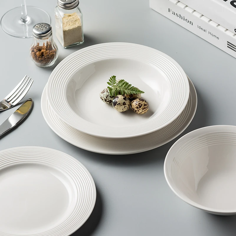 Ceramic White Threaded Tableware, Dinner Plate, Fish Plate, Soup Bowl, Home Restaurant and Hotel, Simple Dishes