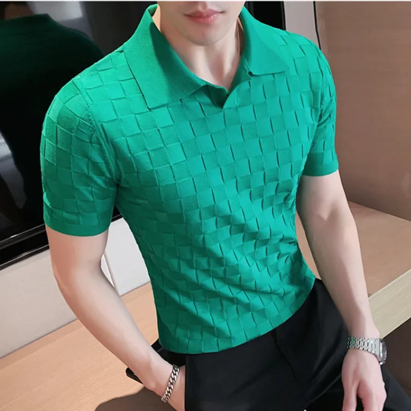 

Summer Plaid Knitted Polo Shirts Men Vintage Green Short Sleeve Lapel Tee Tops Elasticity Slim Casual Business Social Polos