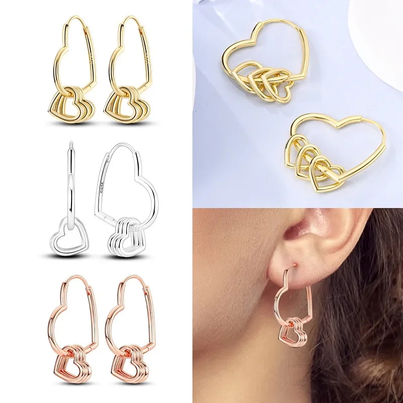 Silver S925 Multicolor Multi-Ring Heart-Shaped Hoop Earrings Fine Jewelry for Women Simple Golden Earring Luxury Party Gift
