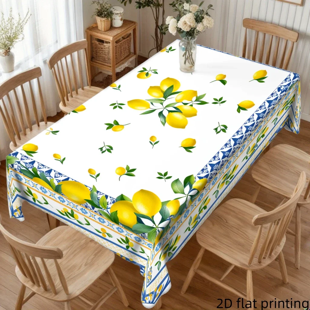 1pc Lemon Print Tablecloth White Yellow Fruit Pattern Table Cover For Dining Kitchen Party Dustproof Oilproof Decorative Use