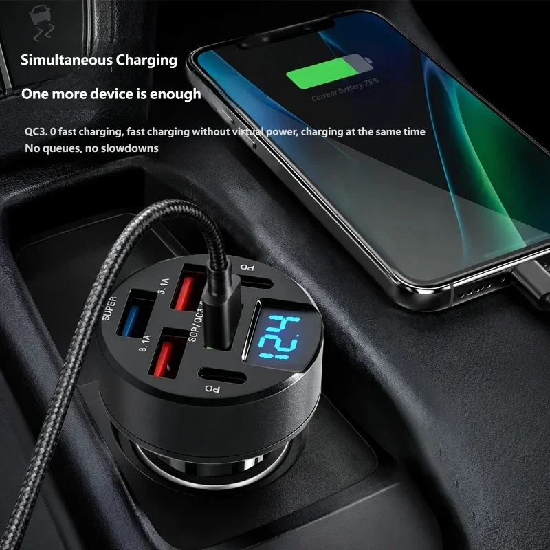 6-in-1 Fast Charging Car Adapter 3.1A Dual Type-C QC3.0 PD Car Charger Smartphones Tablets Power Banks Portable Charger Socket