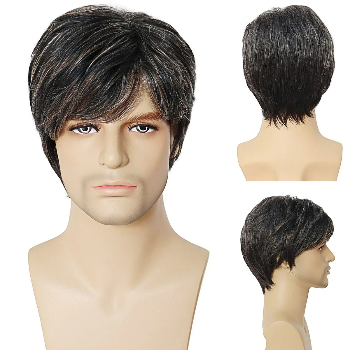 شعر مستعار قصير مع الانفجارات الشعر الاصطناعية أسود مختلط رمادي الباروكات الطبيعية للرجال الآسيوية تأثيري تصفيفة الشعر عادية الذكور الباروكات الكاملة الداكنة