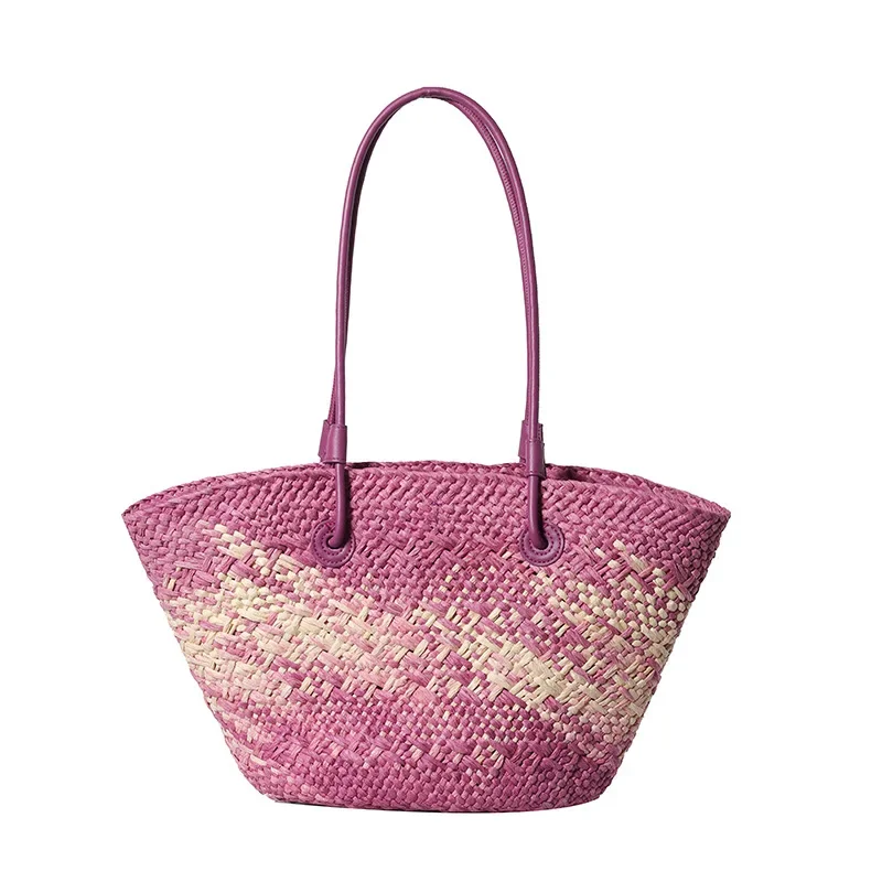 Colorful large capacity grass woven simple hand-held natural grass hand hollowed out woven bag for vacation beach, no logo