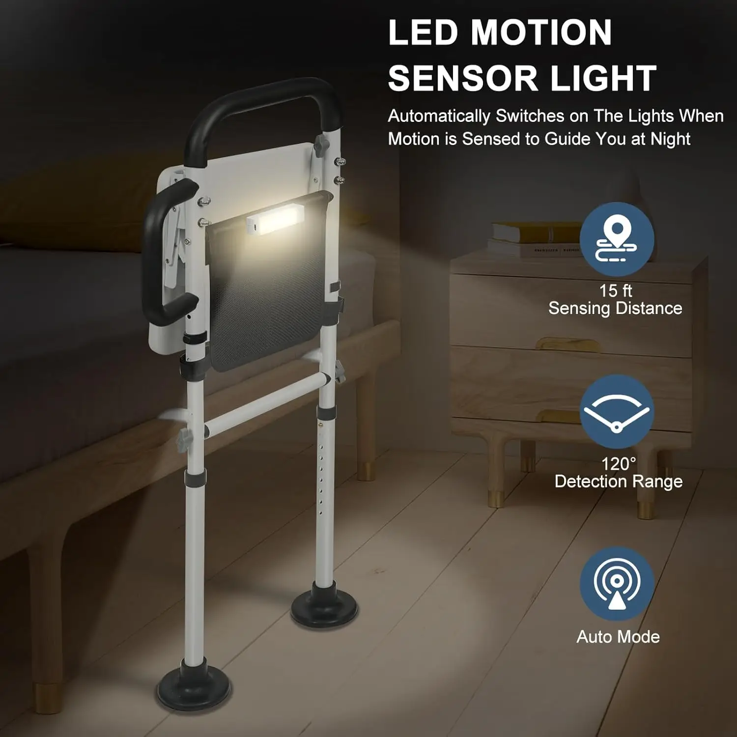 Foldable Bed Rail with Table, Sensor Light & Adjustable Height for Elderly Safety