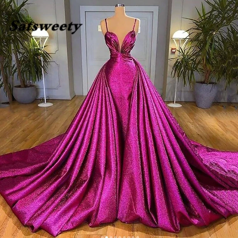 

Shiny Hot Pink Mermaid Formal Evening Dress Spaghetti Strap Longo Prom Dresses With Train New Arrival Celebrity Dresses