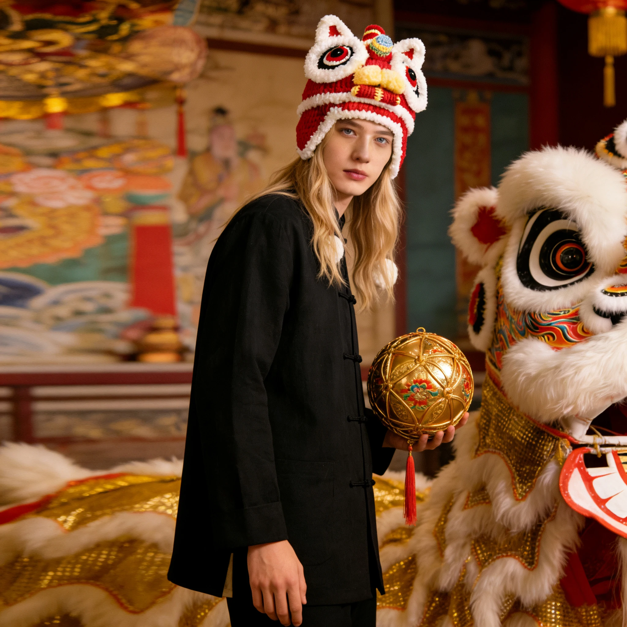 

1 шт., вязаная шапка в китайском стиле с изображением танца льва, с плюшевыми акцентами, шикарная, праздничная.