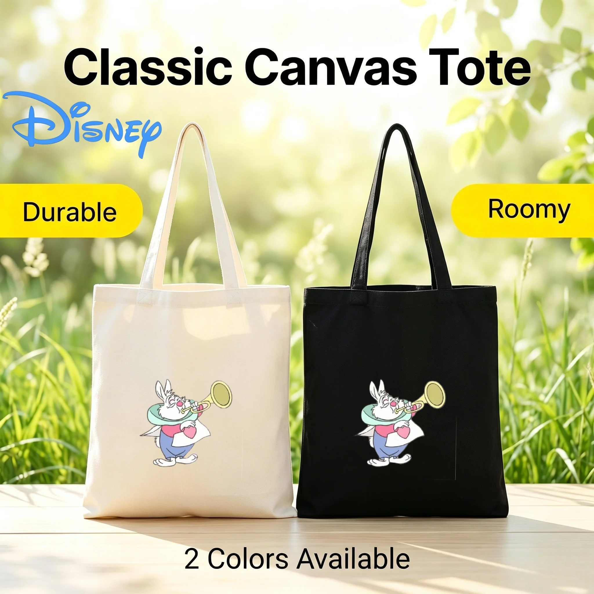 Bolso de mano de lona con estampado de conejo blanco de Alicia en el país de las Maravillas de Disney, bolso de hombro ecológico para compras, 1 ud.