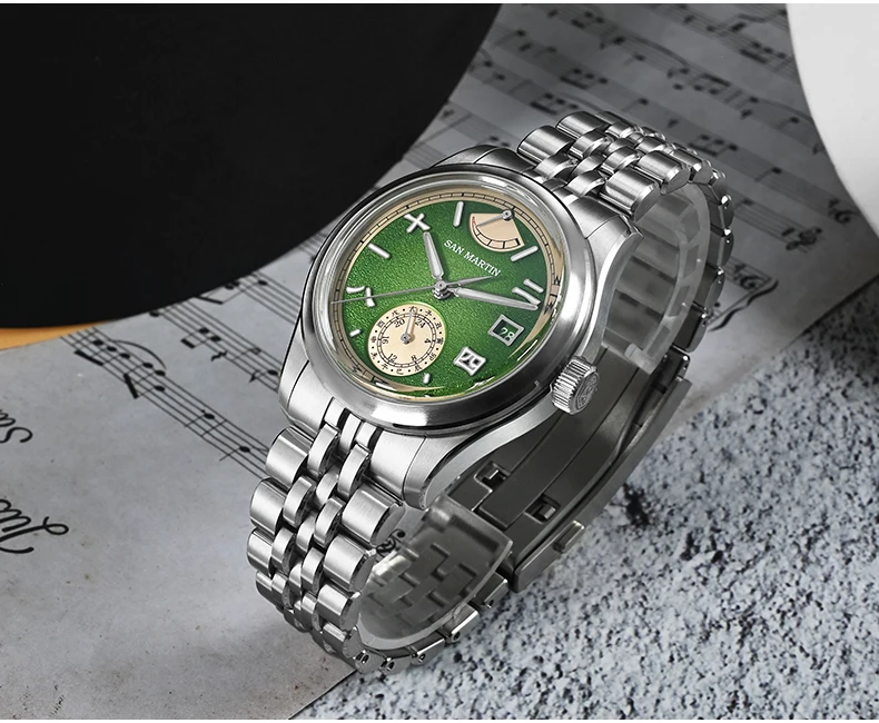 San Martin Men Automatic Watch 39mm Mechanical Wristwatch 100m Waterproof BGW-X1 Blue Luminous Power Reserve Display Miyota 9132