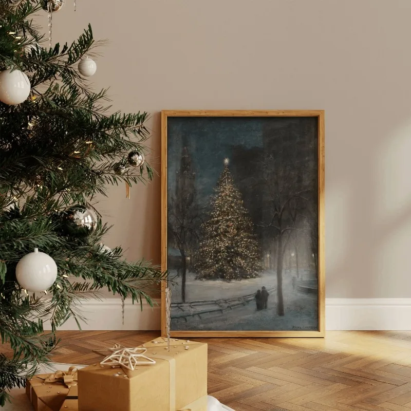 Vintage City Park Christmas Tree Canvas Wall Art Snowy Night Scene Moody Winter Xmas Home Wall Print Unframed Canvas Poster