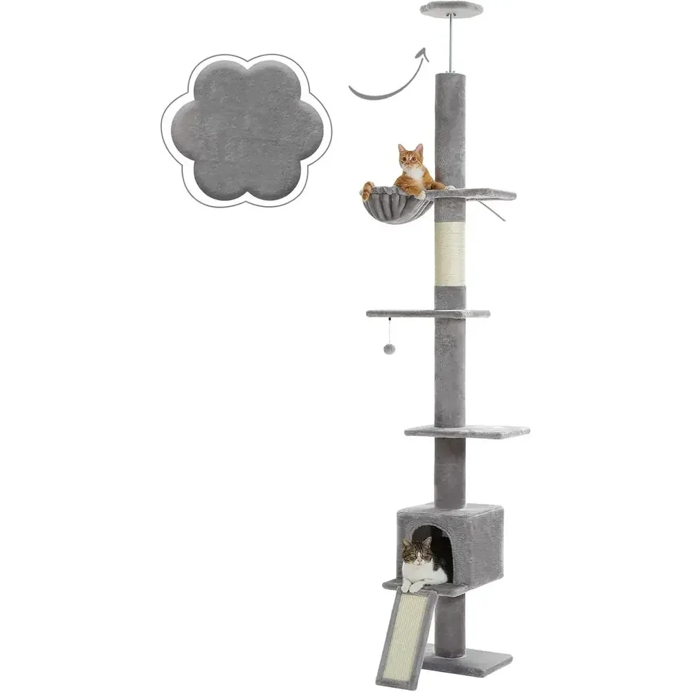 Adjustable 5-Level Cat Tree, 83-108 Height, Scratching Post with Top Perches and Spacious Condo for Large Indoor Cats, Grey