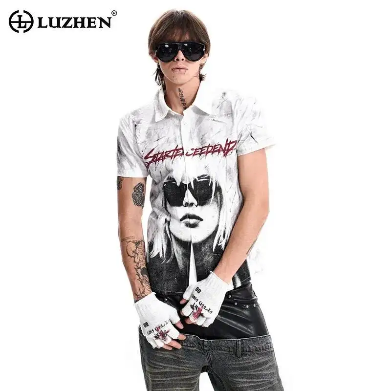 LUZHEN 2026 New Original Pattern Printed Tie-dyed Wornout Niche Design Short Sleeve T-shirts Men's Stylish Polo Neck Tops JY7908