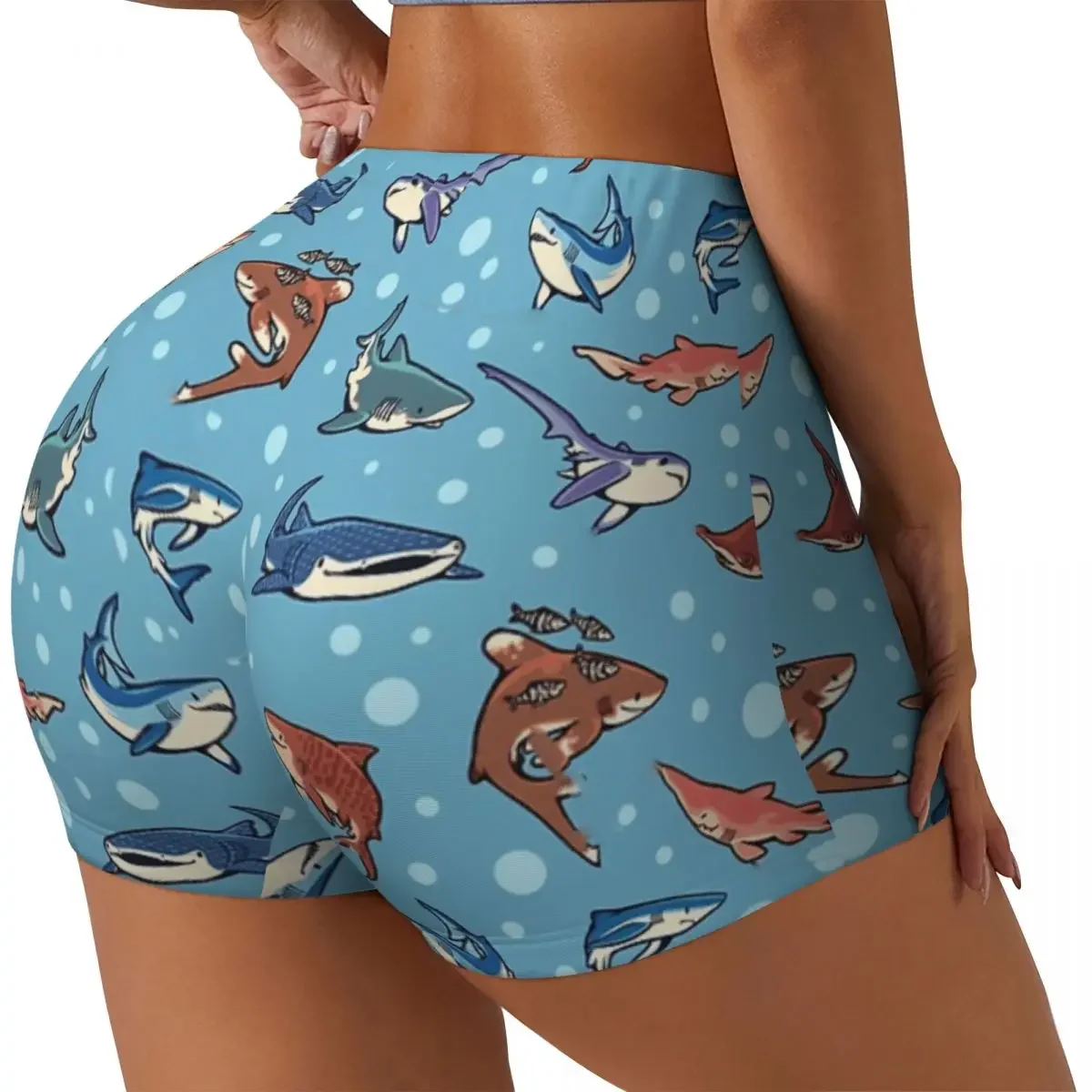 Custom Sharks In The Light Blue Women Gym Workout Running Shorts Athletic Volleyball Biker Yoga Shorts