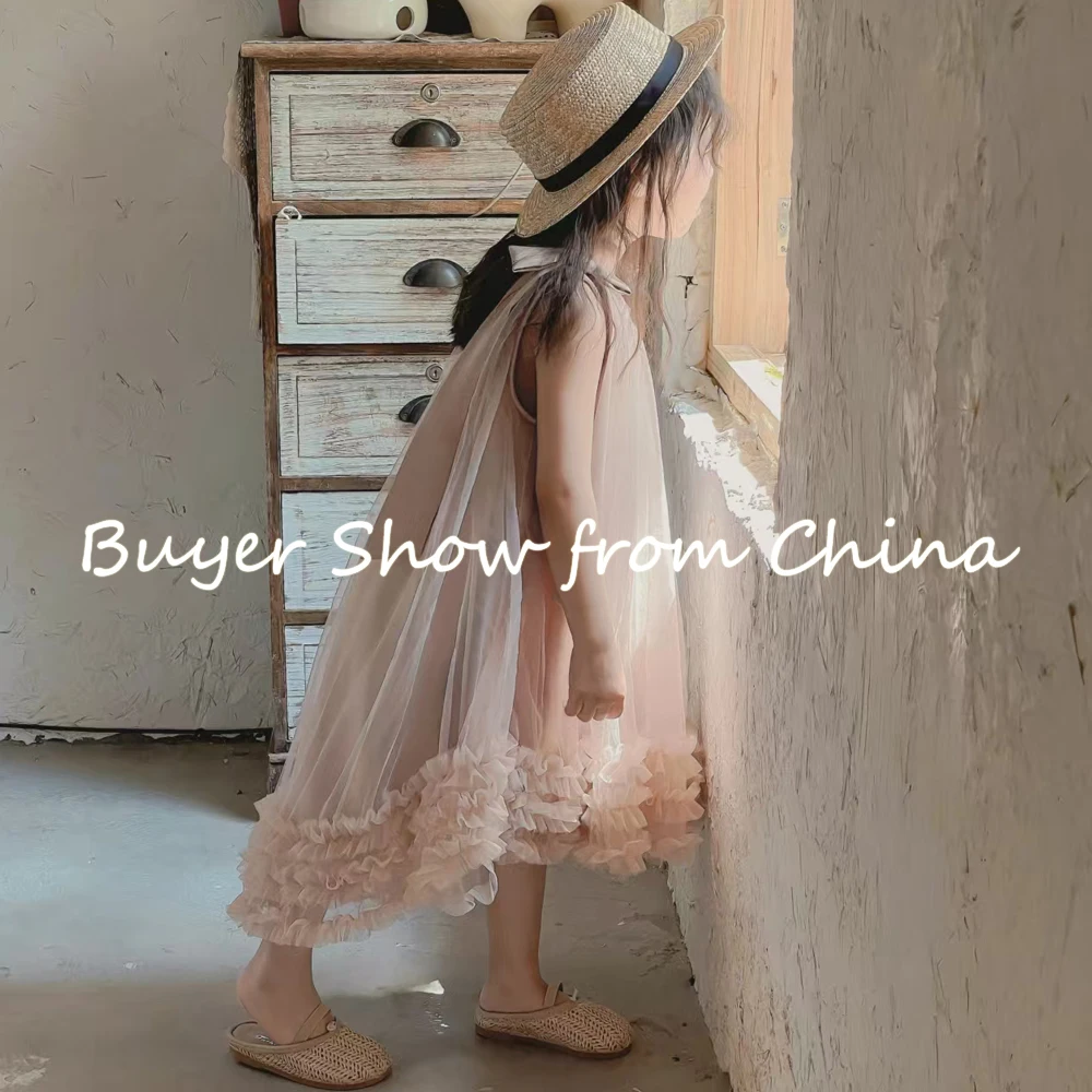 Sleeveless Loose Beach Mermaid Dress Baby Girls Cute Ruffled Pink Bow Lace Irregular Dress Graduation Ball Gown Party Dress 2025