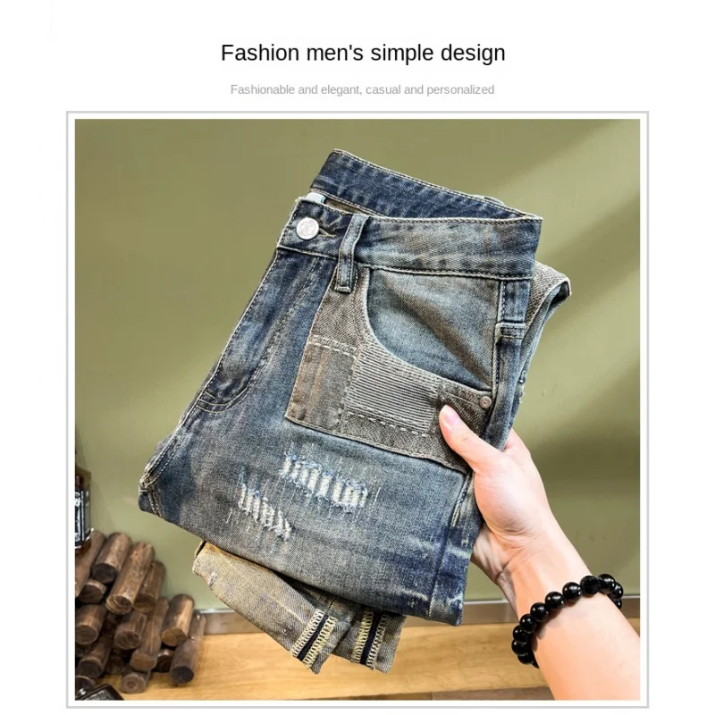 Streetwear men's straight Slim jeans spring and summer new trend broken holes patch retro distortion fashion splicing jeans