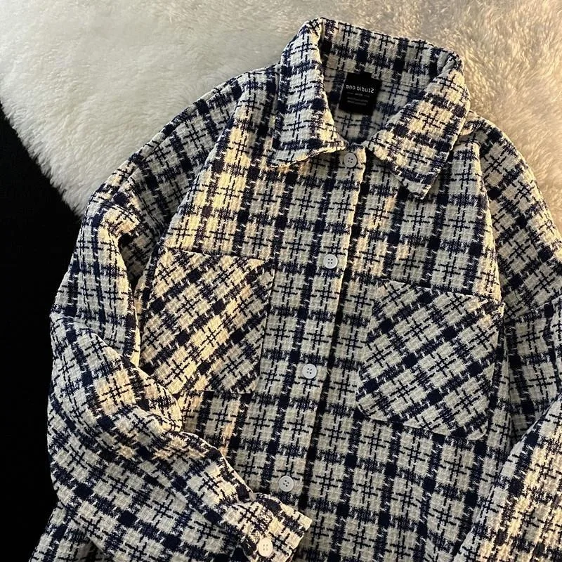 Houndstooth Shirts Women Coats Tops Vintage Loose Elegant Daily Chic All-match Autumn Winter Female Single Breasted Literary New