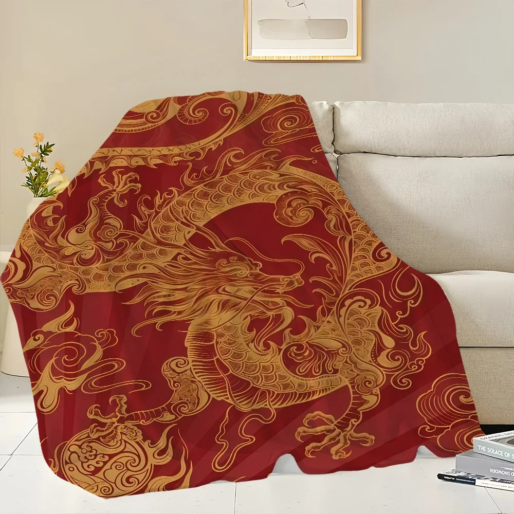 Chinese Dragon Lucky Noble Happiness Blanket Flannel warm comfort soft plush blanket For Picnic Beds Sofas Homes And Bedrooms