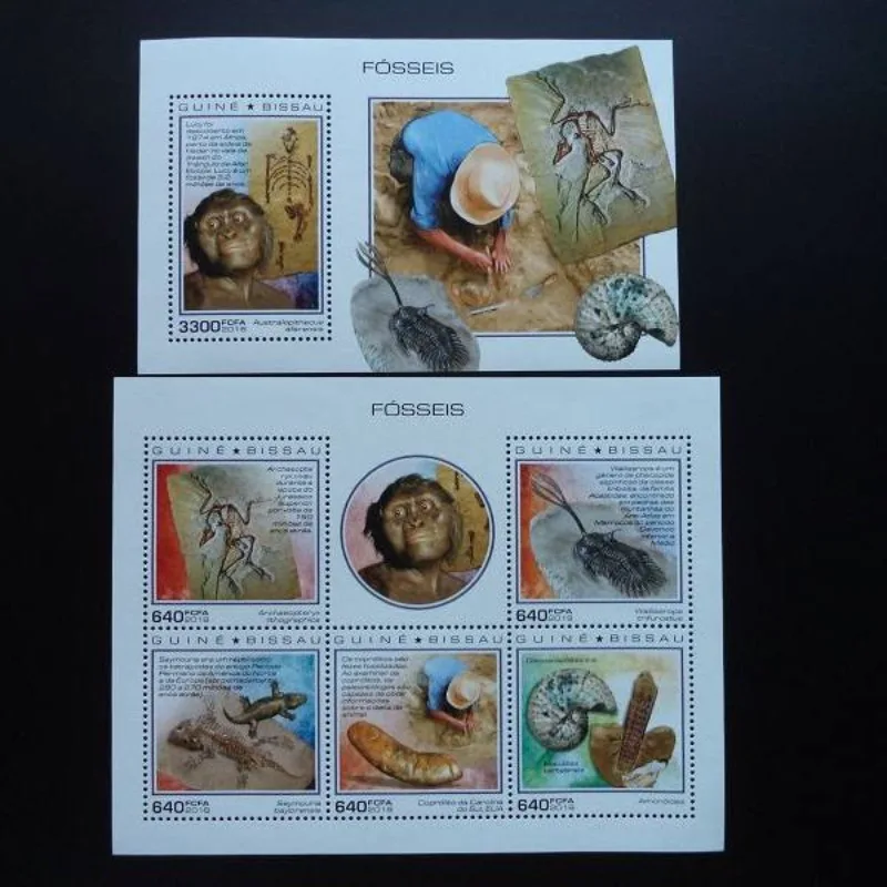 2 PCS, Guinea-Bissau, 2018, Paleontological Fossils, Real Original Post Stamps, MNH