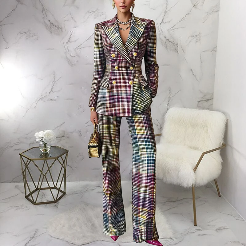 

2025 Autumn and winter high waisted suit casual suit style lapel double breasted long sleeved suit classic plaid slim fit set