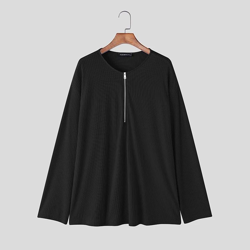 INCERUN الرجال تي شيرت بلون س الرقبة سحاب أكمام طويلة محبوك الذكور المحملة القمم الشارع الشهير موضة ملابس الرجال غير رسمية S-5XL