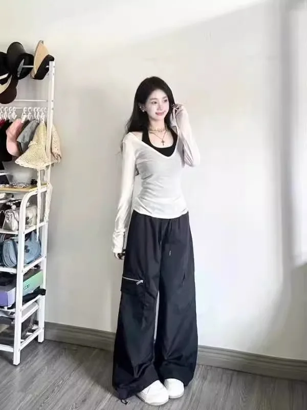 

Sweet Cool Spicy Girl Workwear Long Sleeve Cover up Top Strap Vest Trousers Early Autumn Women's Fashion Set Three Pieces