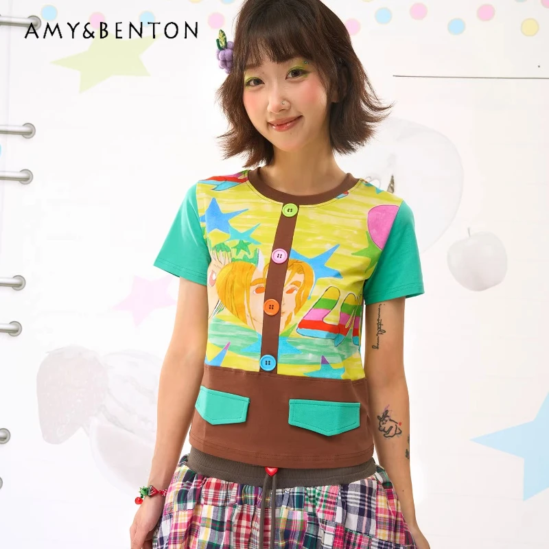 

Original Design Multicolor Splicing Cartoon Print Women's T-shirt 2026 Spring Summer Sweet Cute Versatile Fake Pocket Tee Ladies